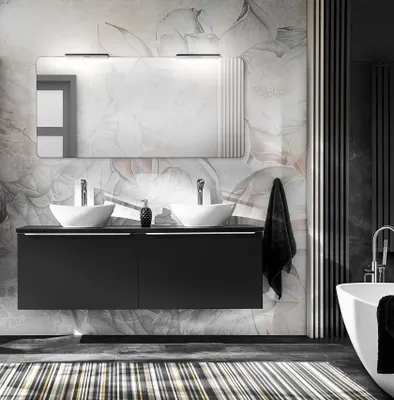 Produktbild von MONTIERT Badmöbel Set SANTA FE 120 cm mit 2 Waschbecken SCHWARZ MATT SOFT-CLOSE Waschtisch Spiegel