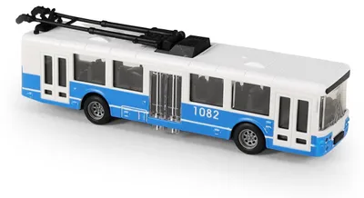 Productafbeelding van Blauwe trolleybus, 16 cm, met vliegwiel aandrijving en een mechanisch openslaande middeldeur