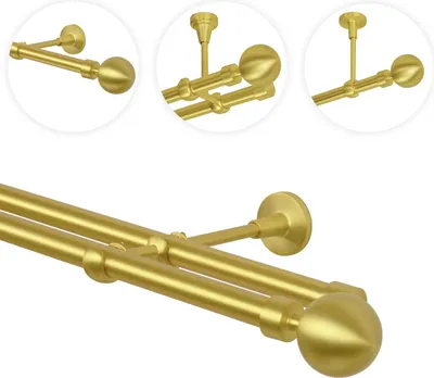 Zdjęcie produktu dla Karnisz 320 cm, 2-częściowy, 19 mm, złoty matowy mosiądz, styl vintage, styl retro, kulkowe mocowanie ścienne