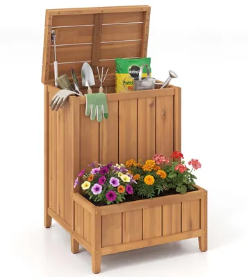 Obrázek produktu pro COSTWAY květináč se zahradním boxem, úložným boxem, boxem na balíčky s víkem a dřevěným květináčem, úložný box na balíčky a zahradní nářadí 57 x 52,5 x 70 cm