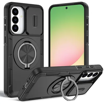 Produktbild von Magnetische Hülle für Samsung Galaxy A36 / A56, Militär Stoßfest Handyhülle mit Kameraschutz und Ringhalter Ständer Schwarz