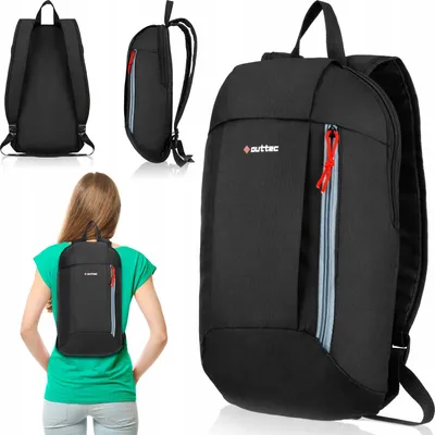Collage of a black backpack shown from different angles, including a woman wearing it.