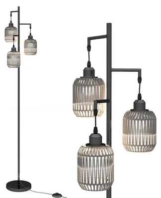 Produktbild von COSTWAY Stehlampe 173cm, Leselampe mit 3 E27 Fassungen,  Fußschalter & Käfig Lampenschirm aus Papiergewebe, Stehleuchte modern, Standleuchte Schwarz
