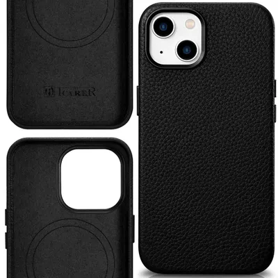 Produktbild von Icarer Litchi Premium Lederhülle Iphone 14 Plus Magnetische Hülle Mit Magsafe Schwarz (Wmi14220711-Bk)