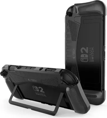 A black protective case for a Nintendo Switch, shown from two angles.