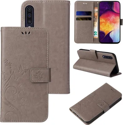 Produktbild von Handyhülle für Samsung Galaxy A50 Floral Blumen Schmetterling Flip Cover Hülle Case Klapphülle Handytasche Farbe: Grau