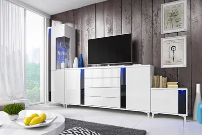 Produktbild von Wandschrank Marco 8 Wohnzimmermöbel Set + Led (Weiss/Schwarz)