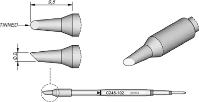 Produktbild von JBC Lötspitze Serie C245, Rundform, C245102/Ø 2,0 mm, abgeschrägt, verzinnt C245102