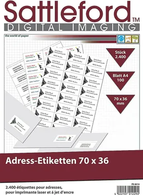 Produktbild von 2400 Aufkleber Universal Adress-Etiketten 70x36 mm Adressetiketten Internetmarke Adressaufkleber Laserdrucker + Inkjetdrucker