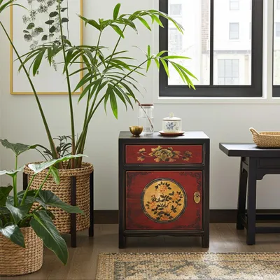 Produktbild von Nachtkästchen Nachttisch Nachtkommode Nachtschrank Nachtschränkchen Kommode Schrank Möbel asiatisch orientalisch chinesisch fernöstlich rot-schwarz Vintage Shabby-chic antik Landhaus