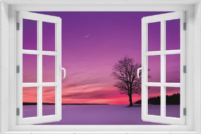 Produktbild von Wallario Wandbild mit Fenster-Illusion: Mond und Baum am Abend bei Schnee, Größe: 61 x 91,5 cm, Poster mit rahmenlosen Bildhalter