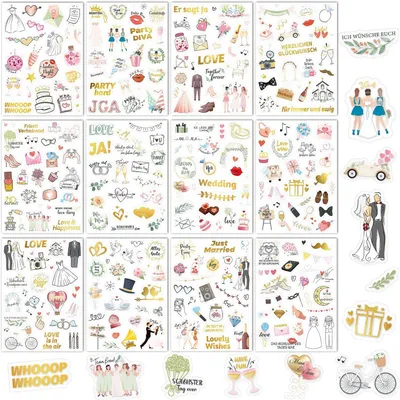 Produktbild von JGA Sticker Set, 12 Blätter, 310 Mototive, mit Glitter, für Hochzeit