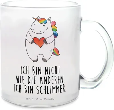Produktbild von Mr. & Mrs. Panda Teetasse Einhorn Herz - Transparent - Geschenk, getränkebecher, Lustig, Witzig, aus Glas, Haferl, Pott, Einhörner, Unicorn, Freundin, Tee Tasse
