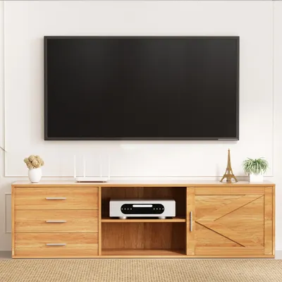 Image de HOMAVO Meuble TV 160 cm - Meuble de salon moderne avec 3 tiroirs, 2 portes coulissantes, surface mélaminée facile d'entretien, aspect bois