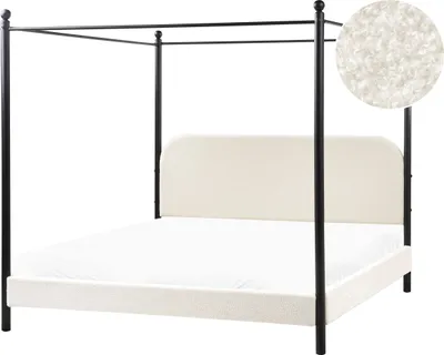 Produktbild von BELIANI Himmelbett Cremeweiß Bouclé-Stoffbezug u. Metall mit Lattenrost 180x200 cm Hohes Kopfteil Modernes Design Doppelbett mit Baldachin Himmel