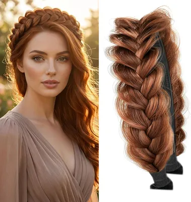 Produktbild von Geflochtenes Haarband – Damen-Haarband mit Kunsthaar – 13 x 14 cm, 5 cm breit – Fischgrätenzopf – Geflochtenes Band – Haaraccessoire – Kastanienbraun