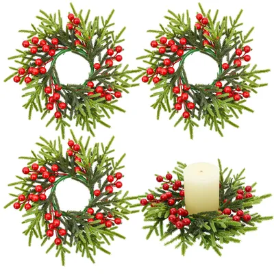 Weihnachtskranz Kerzenring 4er-Set, 20 cm, Kunststoff, Grün/Rot