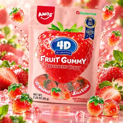 Produktbild von Amos 4D Fruit Gummy Strawberry Blast 65g MHD 23.10.2026