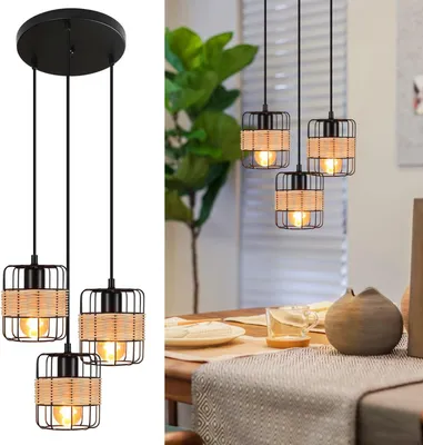 Produktbild von ZMH Pendelleuchte Retro Rattan E27 Hängeleuchte Schwarz 3 Flammig Wohnzimmerlampe Metall Lampenschirm Rustikal Natur für Esszimmer Schlafzimmer Küche