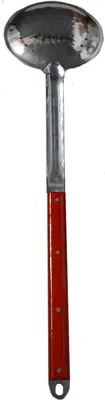A kitchen utensil with a metal ladle and a red handle.