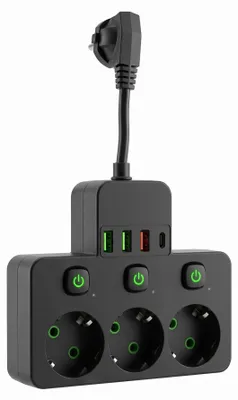 Productafbeelding van Stekkerdoos Toolight JNH018 +3x USB-A, USB-C Black