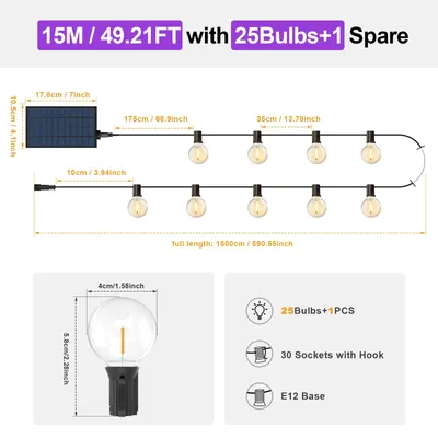 Produktbild von Solar-LED-Lichterkette - Außenbeleuchtung - 15 m - 26 G40-Lampen - Fernbedienung - Dimmbar - IP65 - Solarbetrieb