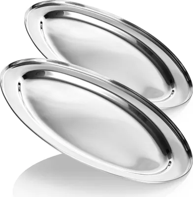 Produktbild von com-four® 2x Serviertablett aus Edelstahl - Tablett oval zum Servieren und Dekorieren - Edelstahl Servierplatte für Hochzeit, Geburtstag, Familiefest