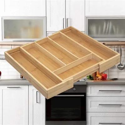 Productafbeelding van Decopatent® Bestekbak - Uitschuifbaar - Bestek Lade organizer - 4 Vaks - Naar 6 Vakken - Bestekorganizer - Bamboe - Bestekcassette