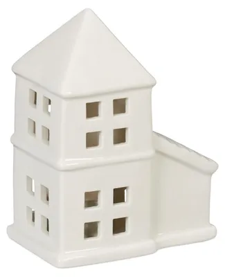 Productafbeelding van Relaxdays Theelichthuis, keramiek, lichtgevend huisje voor 1 theelicht, hoogte x breedte x diepte: 11,5 x 9,5 x 6 cm, theelichthouder in de vorm van een huis, wit, AI-gegenereerde afbeelding