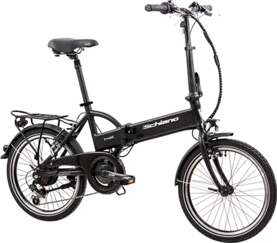 A black folding electric bicycle is shown against a white background.