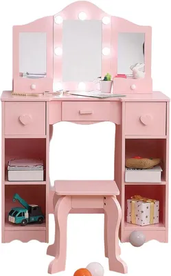 Productafbeelding van Kindermake-up tafel met drievoudige spiegel – open opbergruimte – make-up tafel voor meisjes – roze