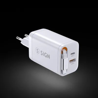Zdjęcie produktu dla Szybka ładowarka SiGN GaN USB-C/USB-A 65 W z przedłużanym kablem USB-C - biała