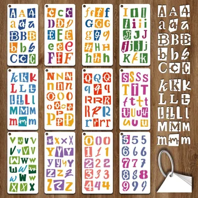 Produktbild von Zeichenschablone mit Buchstaben und Zahlen - 12 Blatt Set für Wand Holz und Scrapbook - Wiederverwendbare Vorlage zum Malen