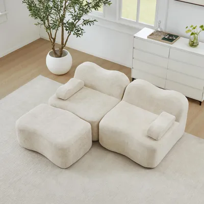 Produktbild von MODFU 2-Sitzer L-förmiges Sofa,Ecksofa mit Armlehnenkissen und Tiefe Sitzkissen,Zweisitzer Sofa mit Wellenform und 1 Ottoman,Schlafsofa mit Rahmenlose,Samt,Beige