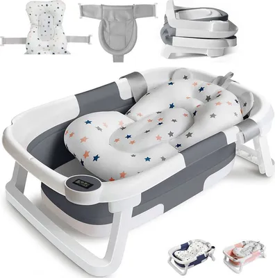 Image de (Gris)Baby Baignoire bébé Baignoire pliante enfants Antidérapante Avec tapis de bain Filet de bain Décharge pour nouveau-né bébé enfants