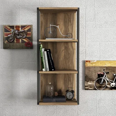 A wall-mounted shelf with decorative items and books.