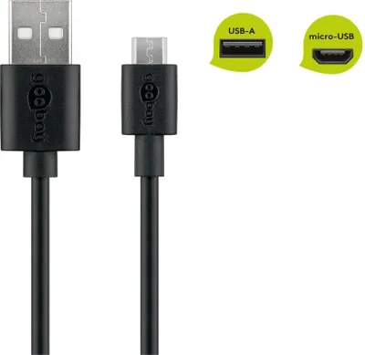 Productafbeelding van Goobay Micro USB oplaad- en synchronisatiekabel, zwart, 1 meter (verpakt in een zachte verpakking)