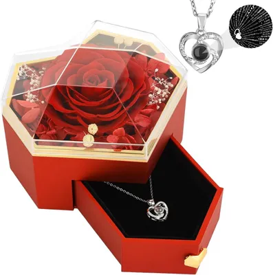 Productafbeelding van Geconserveerde rode roos in hartvormige doos met kristallen ketting als cadeau