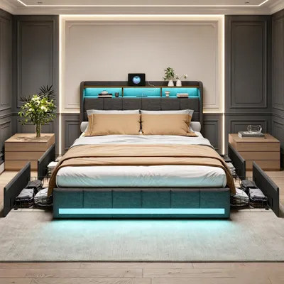 Zdjęcie produktu dla Łóżko tapicerowane INONEFT, 140x200 cm, z funkcją ładowania USB, łóżko młodzieżowe/podwójne z 4 szufladami, łóżko z pojemnikiem na pościel i stelażem, z oświetleniem LED, tkanina lniana, kolor szary