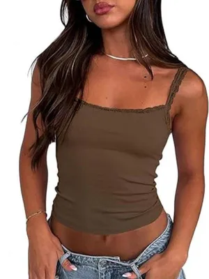 Immagine prodotto di Canottiera da donna Haibang, sexy, a coste, con spalline sottili, con dettagli in pizzo