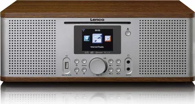 A front view of a Lenco internet radio with a wooden finish and silver accents.