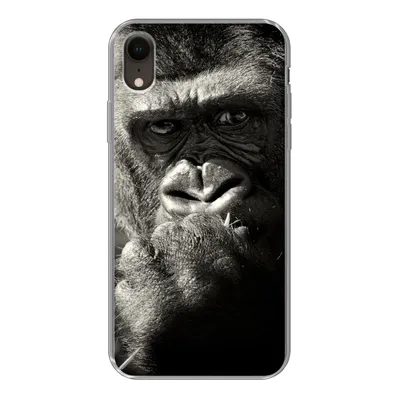 Produktbild von MuchoWow® Handyhülle Schutzhülle Hülle für iPhone XR Gorilla auf schwarzem Hintergrund in Schwarz und Weiß Silikon Softcase Handy Hülle - Schutzdeckel