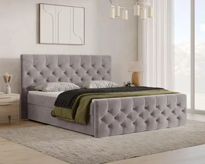 Produktbild von Chesterfield Boxspringbett, Kontinentalbett aus Samt, Polsterbett, dekorativem Kopfteil Doppelbett mit Bonell-Matratze, Topper und Bettkasten (gepolstertes Kopfteil, Boxspring) - Boxspringbett 13 140x200 – Grau (Flow 02)