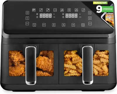 Produktbild von NutriChef Heißluftfritteuse Airfryer XL – 8L Doppel-Fritteuse mit 2 Körben & 9 Programmen Spülmaschinenfest, Antihaft, bis 360 °C, Schwarz