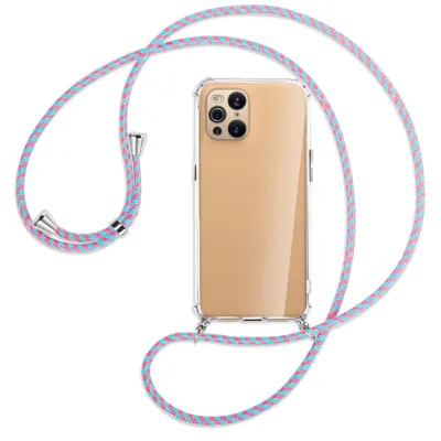 Produktbild von Handykette Backcover-Schutzhülle mit Band (Metall silberfarben) für Oppo Find X3 Pro - pink/mint