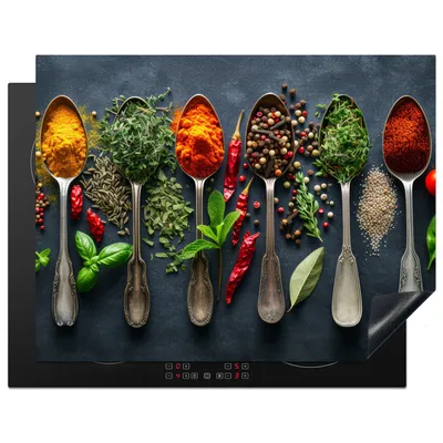 Produktbild von KitchenYeah© Herdabdeckplatte Gewürze - Löffel - Kräuter , 77x59cm, Küche Deko, Glaskeramikkochfeld Herdabdeckung, Abdeckplatte fùr Kochfeld
