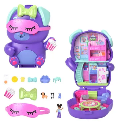 Produktbild von Polly Pocket Übernachtungsparty-Welpen-Spielset mit 1 kleinen Puppe und zwei Hündchen, Spielzeug für unterwegs mit Zubehör für Mode und Essen, Tier, 4 Jahr(e), Mehrfarbig, Kunststoff