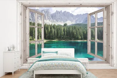 Produktbild von MuchoWow® Fototapete für Wohnzimmer oder Schlafzimmer Wandtapete Vinyl Motivtapete Aussicht - Berg - Wasser - 330x220 cm - Fototapeten