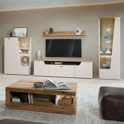 Produktbild von Wohnzimmer-Set in Beige & Eiche mit Couchtisch, Lowboard & Vitrinenschränken, 5-teilig - CARMONA-129