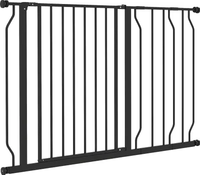 A black metal pet gate is shown against a white background.